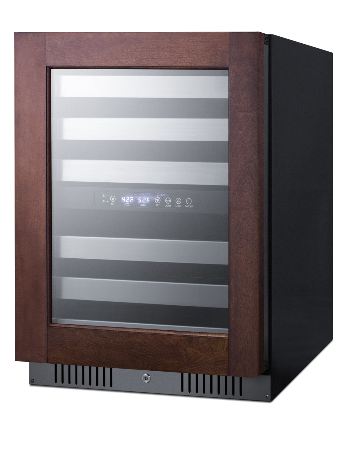 ADA compliant dual zone built-in wine cellar designed for the display and refrigeration of up to 46 bottles, with digital thermostat, panel-ready glass door, and black cabinet